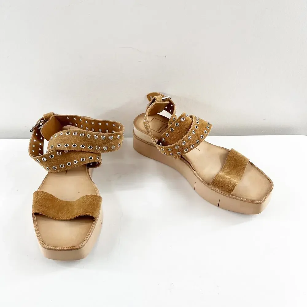 Dolce Vita Panko Stud Suede Sandals Shoes Caramel Brown 7